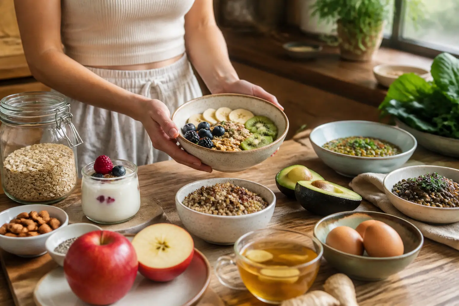 15 aliments pour maigrir du ventre : table saine avec avoine, yaourt, chia, pommes, avocat, quinoa et thé au gingembre