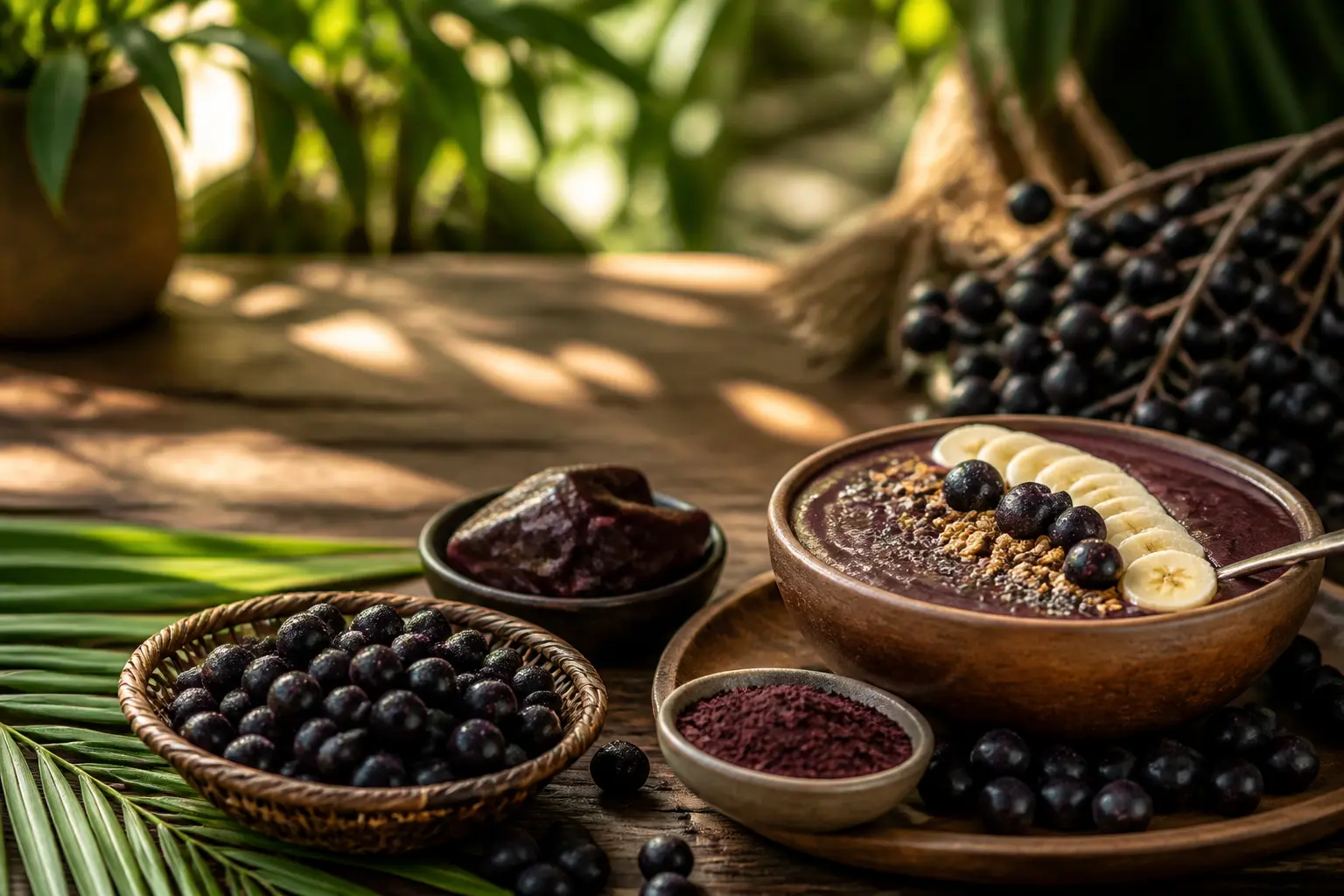 Acai fruit d’Amazonie avec bol de smoothie, baies, banane, chia, pulpe et poudre sur table rustique chaleureuse