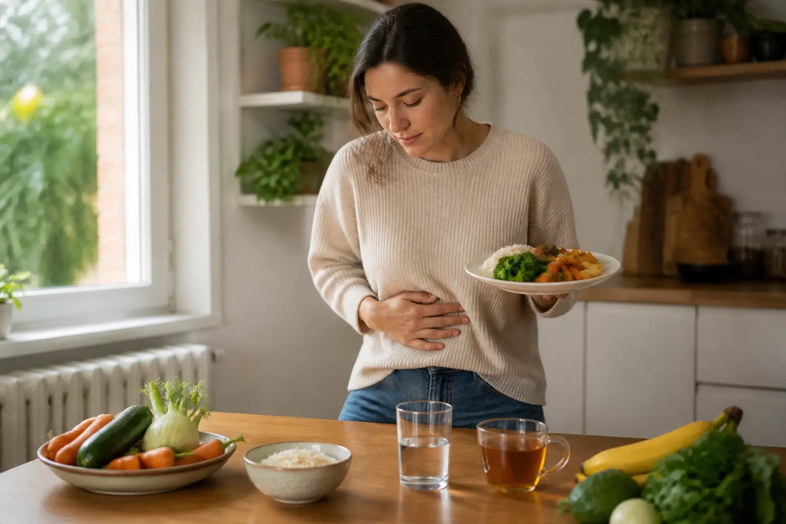 Femme en cuisine avec aliment pour dégonfler le ventre, légumes, riz, protéine maigre et tisane, ambiance douce