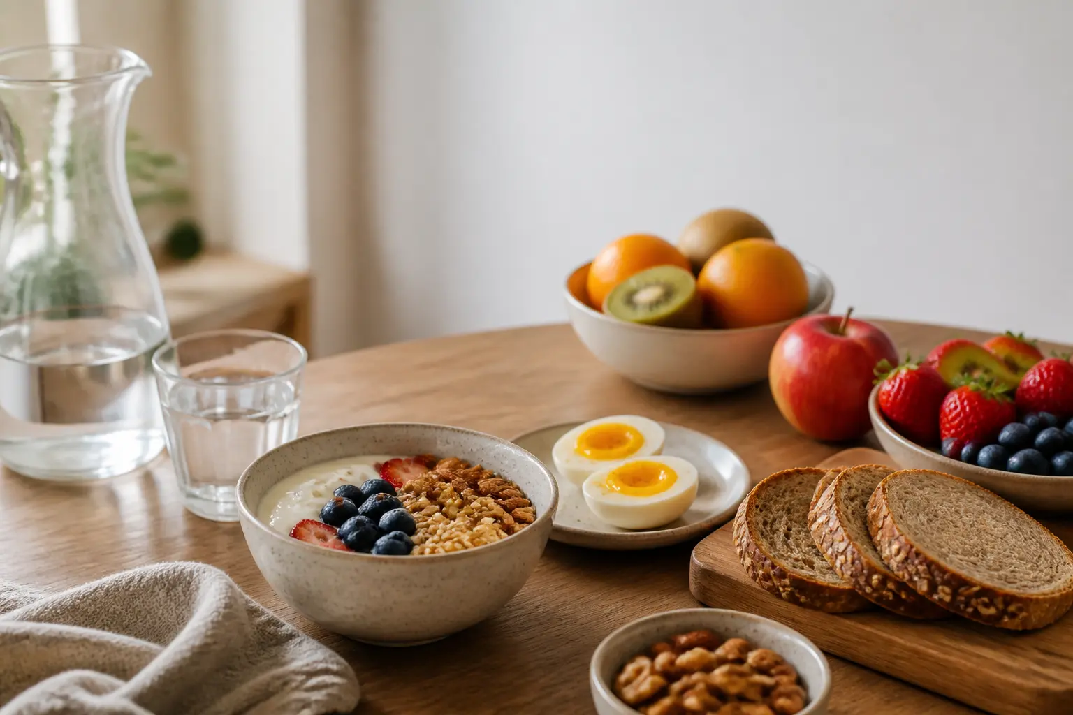 Petit-déjeuner sain pour alimentation sans sucre : yaourt nature, flocons d’avoine, fruits, noix, œufs et eau.