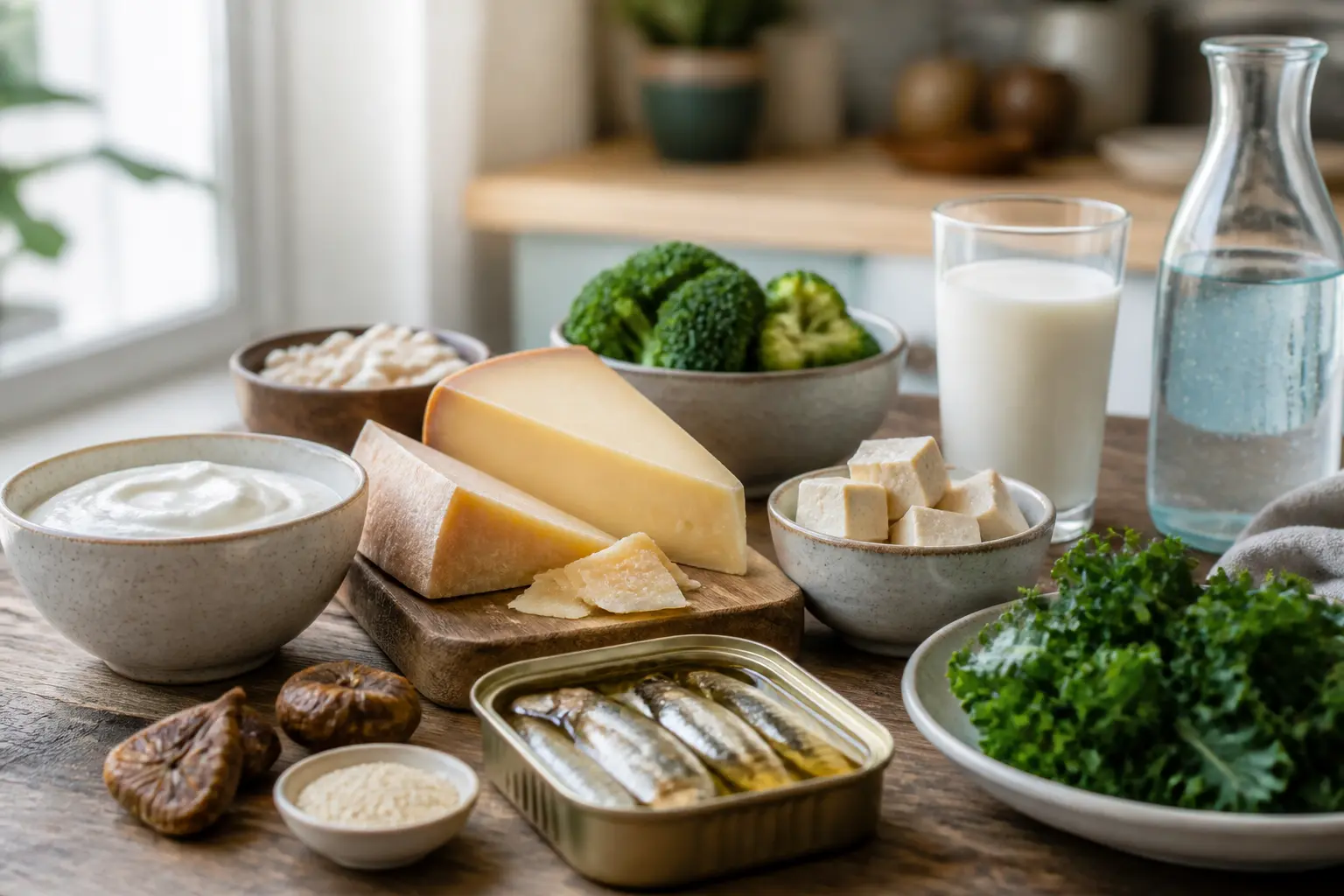 Aliments riches en calcium sur une table de cuisine : fromage, yaourt, lait, sardines, tofu, sésame, kale, brocoli, figues, haricots blancs et eau minérale.