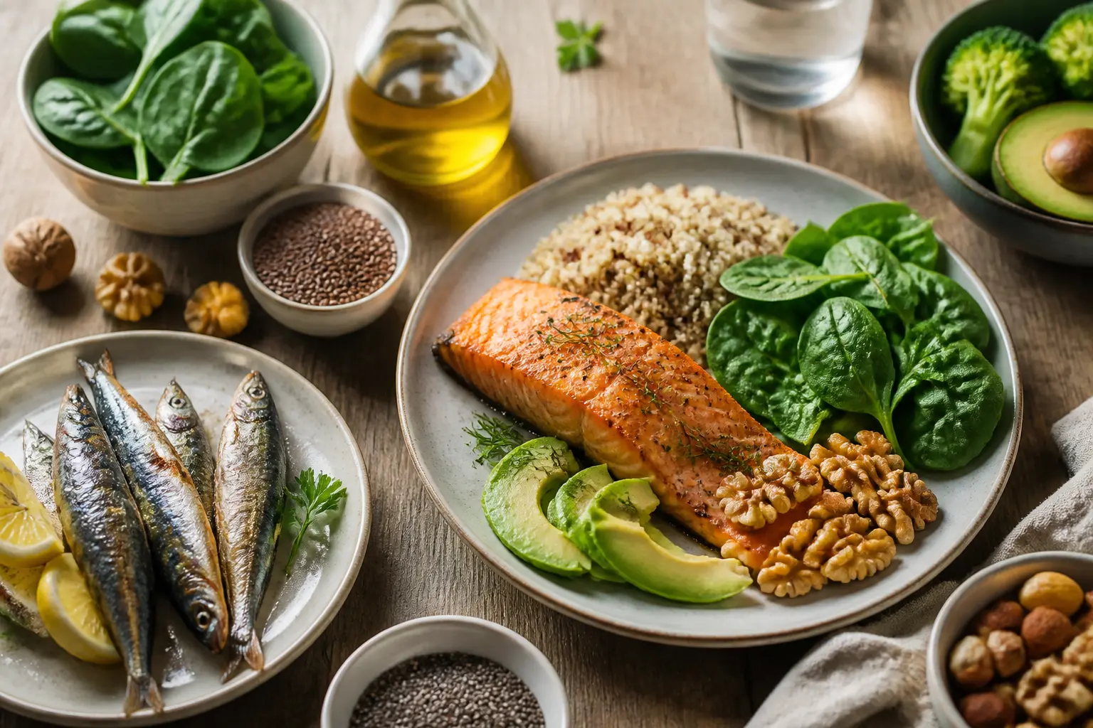 Aliments riches en oméga 3 : saumon, noix, graines de chia et de lin sur une table de cuisine saine