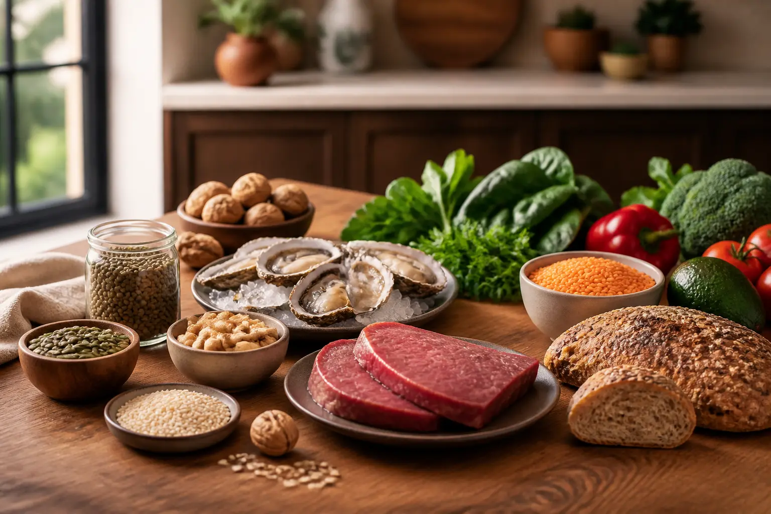Aliments riches en zinc sur une table: huîtres, viande rouge, graines de courge, lentilles, noix et pain complet.