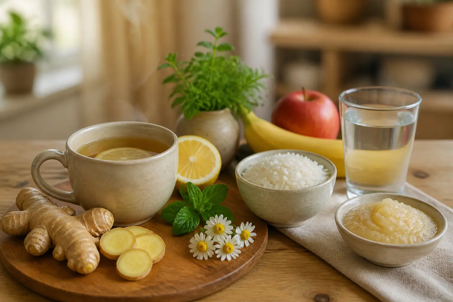 Anti vomitif naturel : tisane de gingembre, menthe, camomille, riz, banane, compote et eau sur table en bois