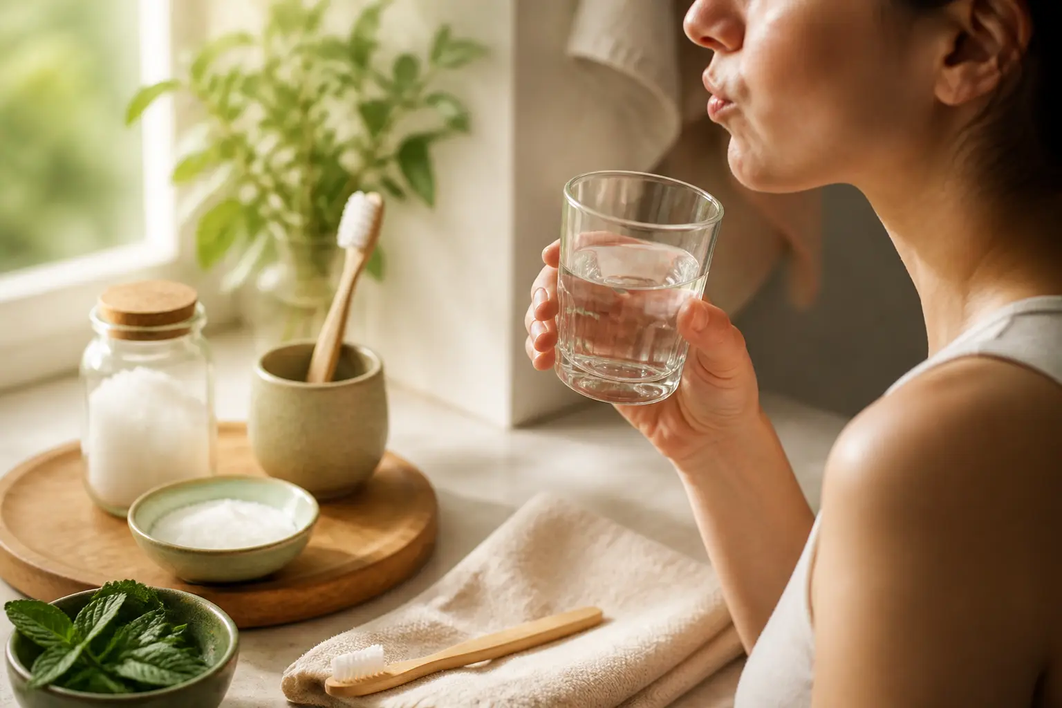Bain de bouche naturel avec verre d’eau salée, bicarbonate, menthe, brosse à dents et mains préparant le rinçage.
