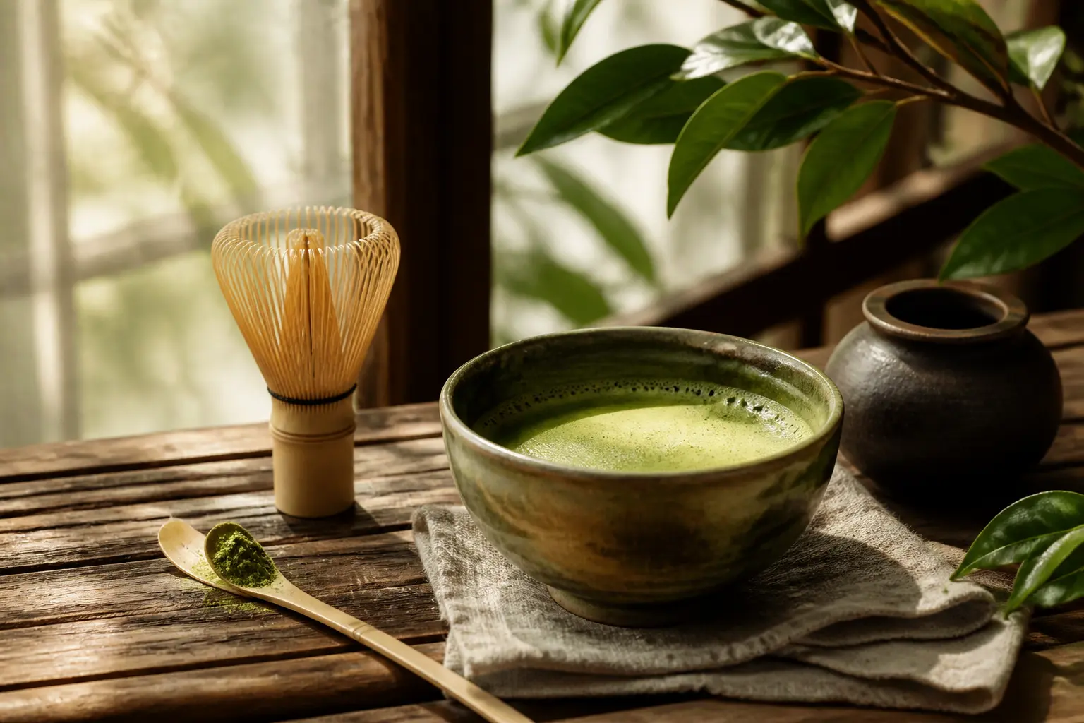 Bienfaits du matcha : bol de thé vert, fouet en bambou et cuillère sur table en bois, ambiance matinale apaisante.
