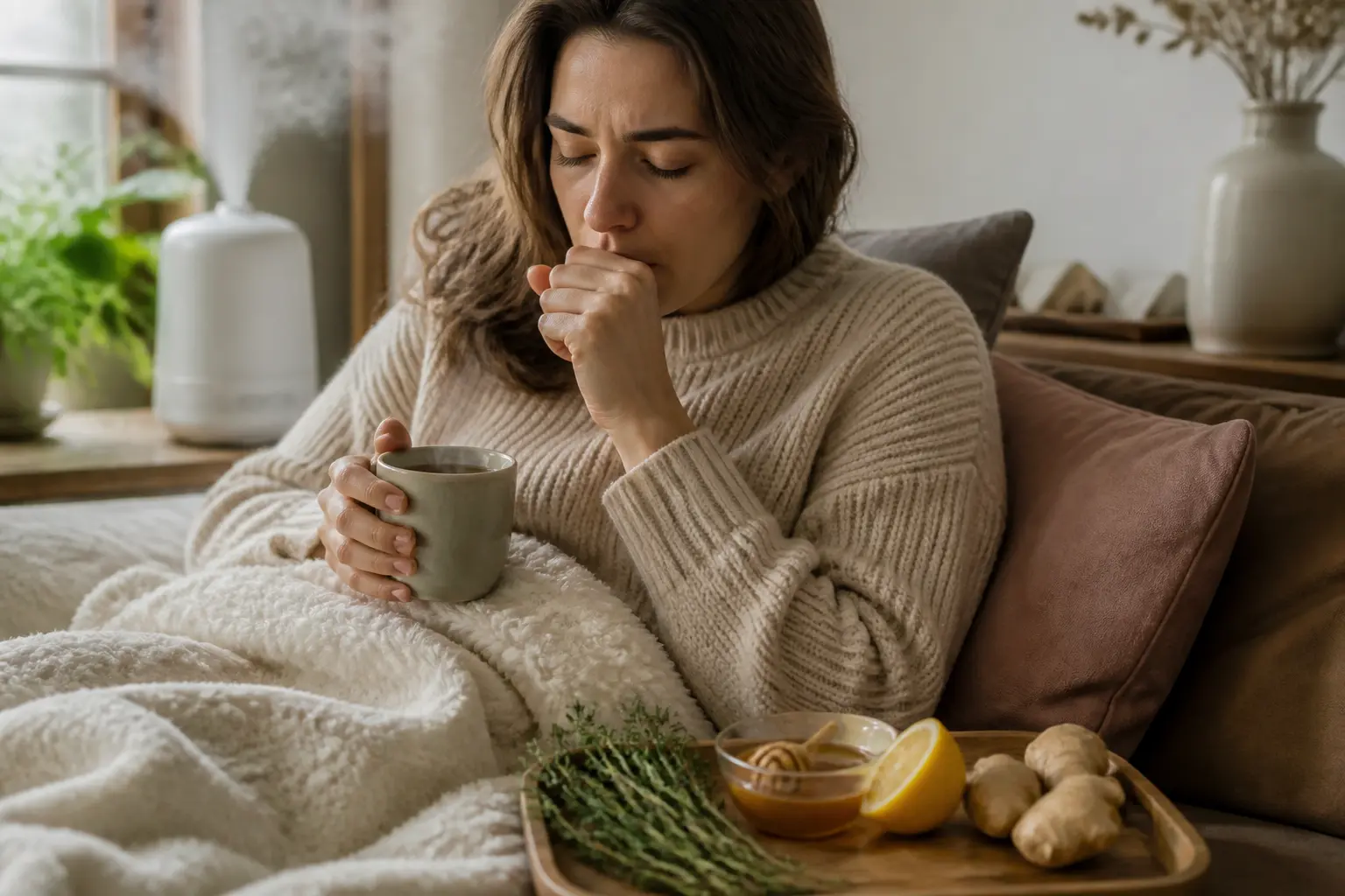 Personne fatiguée avec tisane, miel, thym, citron et gingembre pour bronchite traitement naturel à la maison