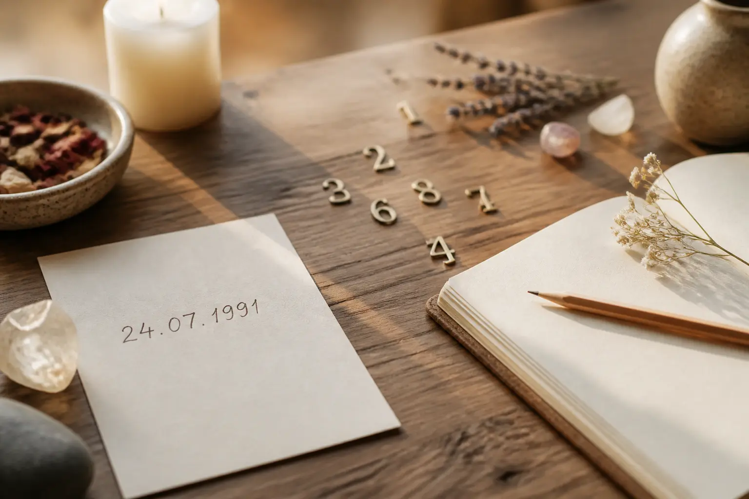 Tableau de numérologie avec date de naissance, carnet et symbole du chemin de vie, ambiance douce et mystique