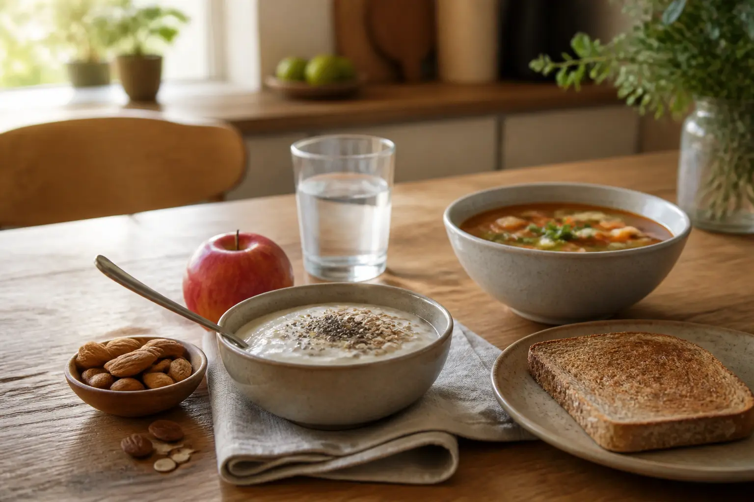 Coupe-faim naturel : petit-déjeuner sain avec yaourt, flocons d’avoine, pomme, amandes, toast, eau et soupe sur table en bois.