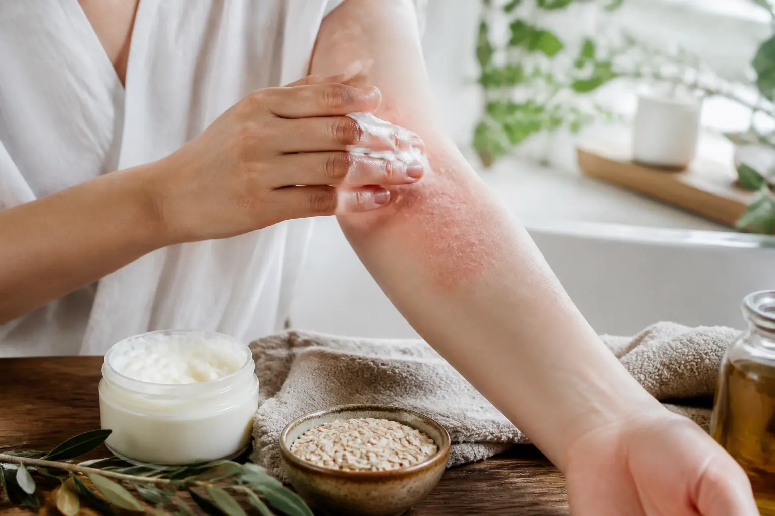 Eczéma remède grand-mère : application d’une crème naturelle sur avant-bras irrité, ambiance bien-être douce et épurée