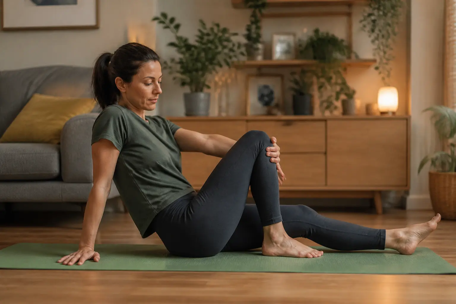 Étirement sciatique exercices à domicile : adulte sur tapis de yoga, posture douce pour soulager dos, fessier et jambe