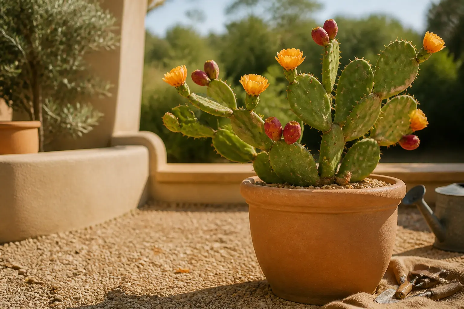 Figuier de barbarie en pot sur balcon ensoleillé, fruits mûrs et fleurs jaunes, ambiance méditerranéenne naturelle