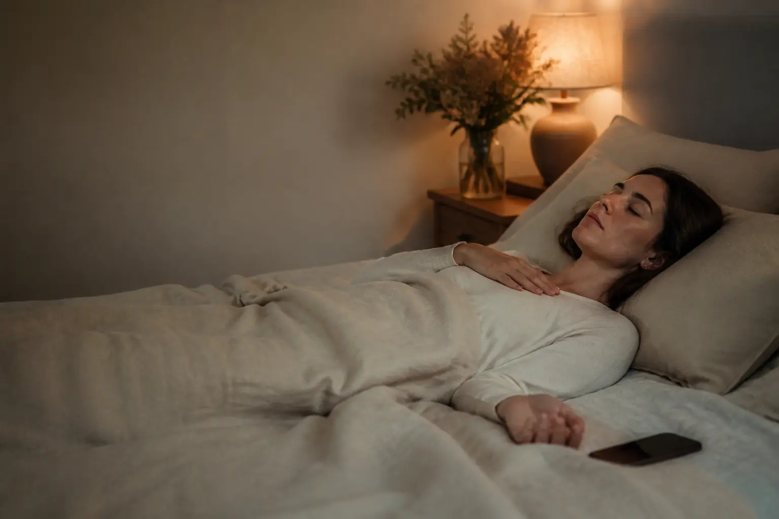 Femme française allongée au lit, yeux fermés, en méditation pour dormir, chambre douce et apaisante la nuit