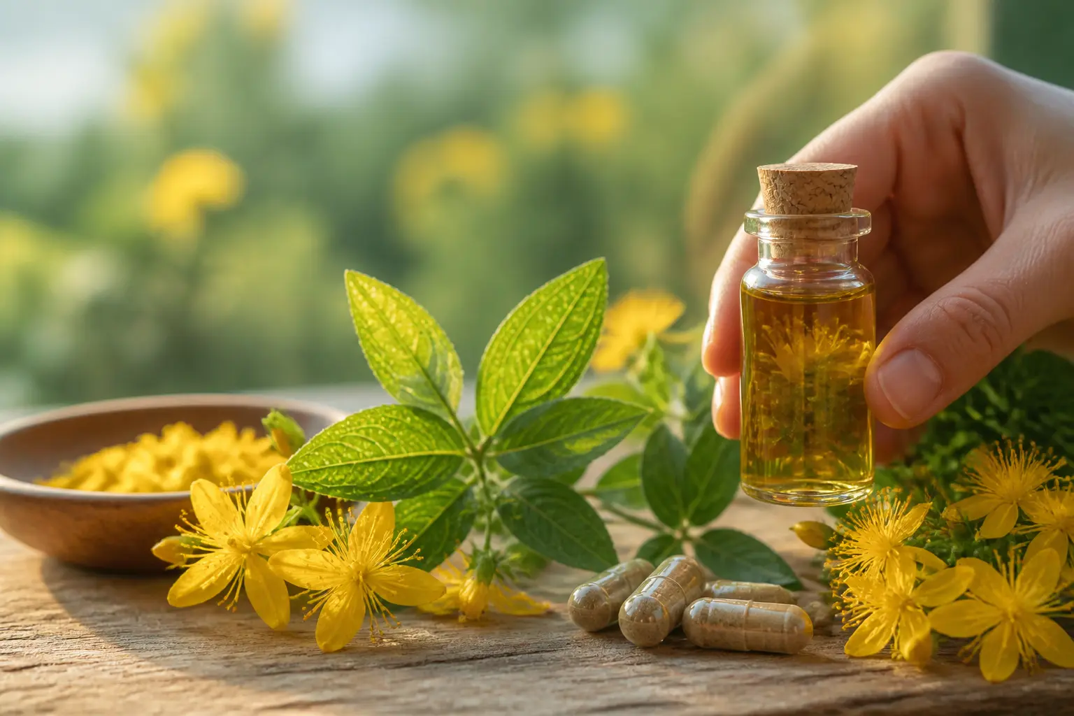 Millepertuis en gros plan avec fleurs jaunes, feuilles vertes et flacon naturel, ambiance bien-être et prudence médicamenteuse