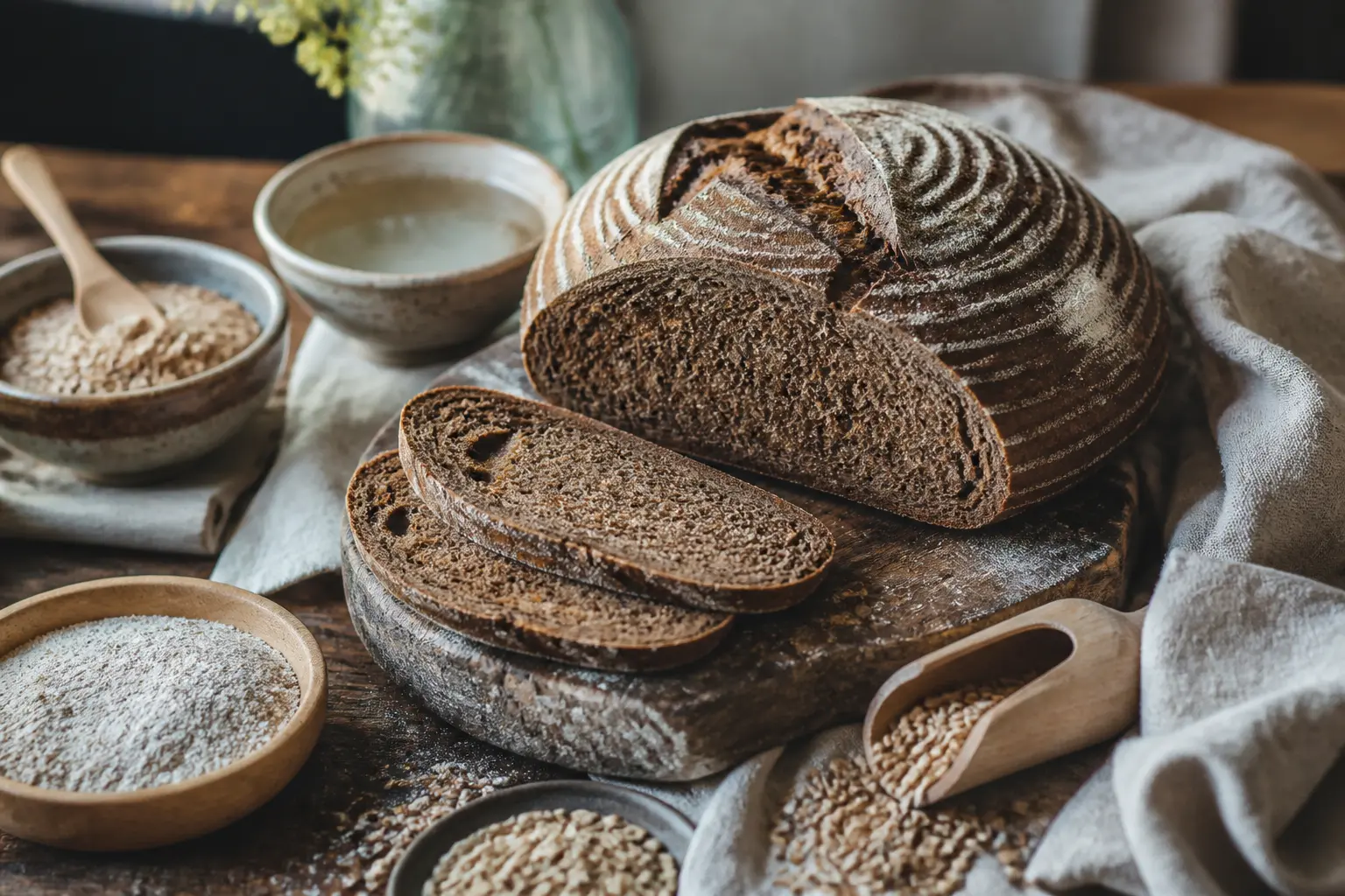 Pain de seigle artisanal sur table en bois, tranches, farine, graines et linge, ambiance cuisine rustique lumineuse