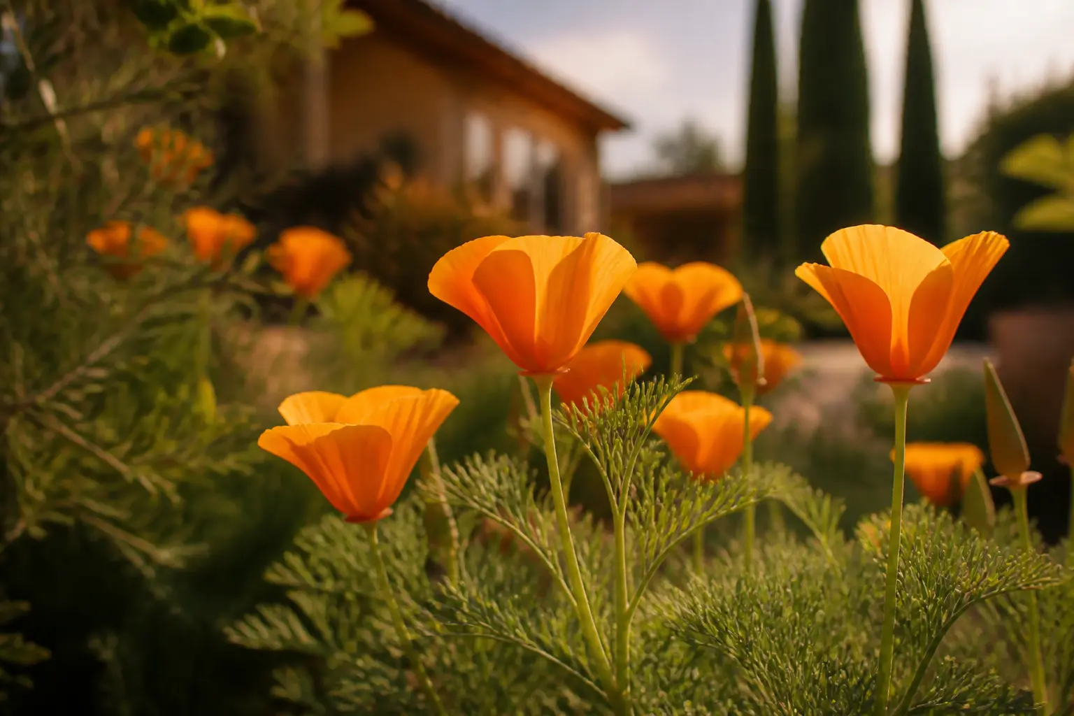 Pavot de californie en fleurs orange dans un jardin ensoleillé, feuillage fin et ambiance douce et apaisante