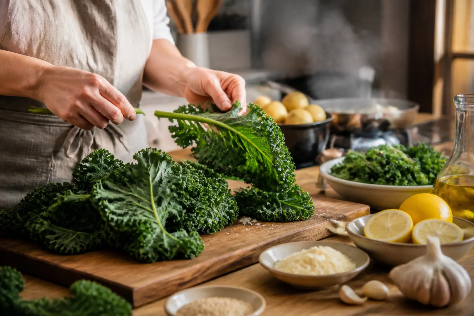 Recette chou kale en cuisine rustique : mains préparant le kale, huile d’olive, citron et ingrédients frais sur planche.