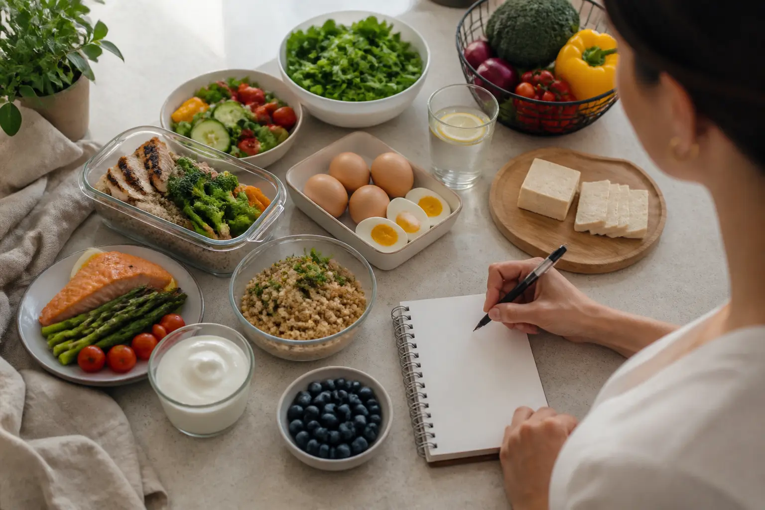 régime 5 kg en 1 semaine menu : table de meal prep sain avec poulet, œufs, saumon, tofu, légumes, fruits et plan hebdo