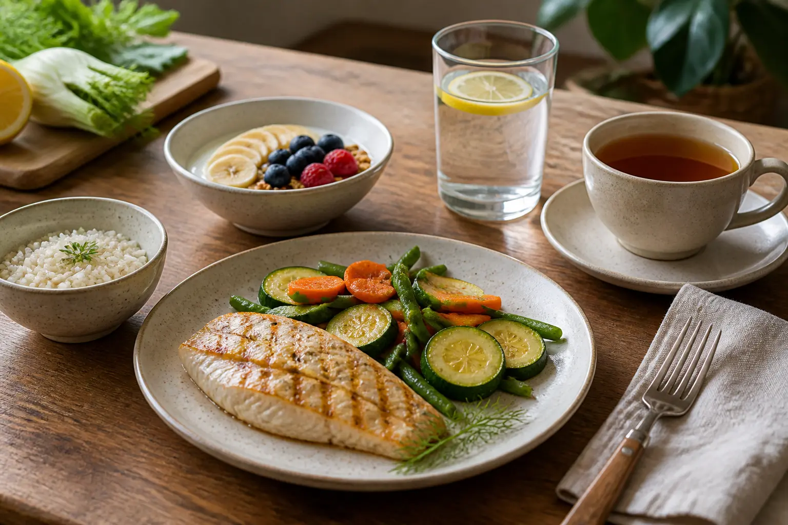 régime ventre plat en 4 jours menu : repas léger avec poulet, légumes vapeur, yaourt, banane, eau et thé
