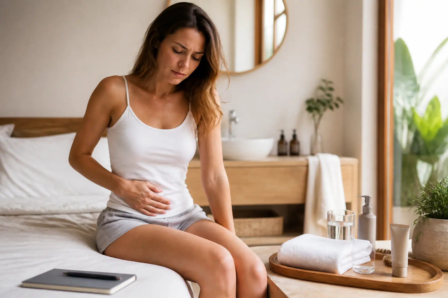 remede de grand mere contre les odeurs intimes : femme inquiète dans une salle de bain, avec serviette, eau et trousse de toilette