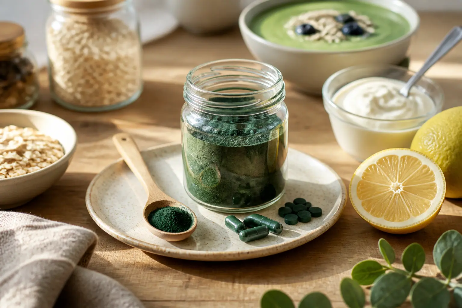 Spiruline et bienfaits : poudre verte, capsules et ingrédients frais sur table de cuisine, ambiance naturelle et saine