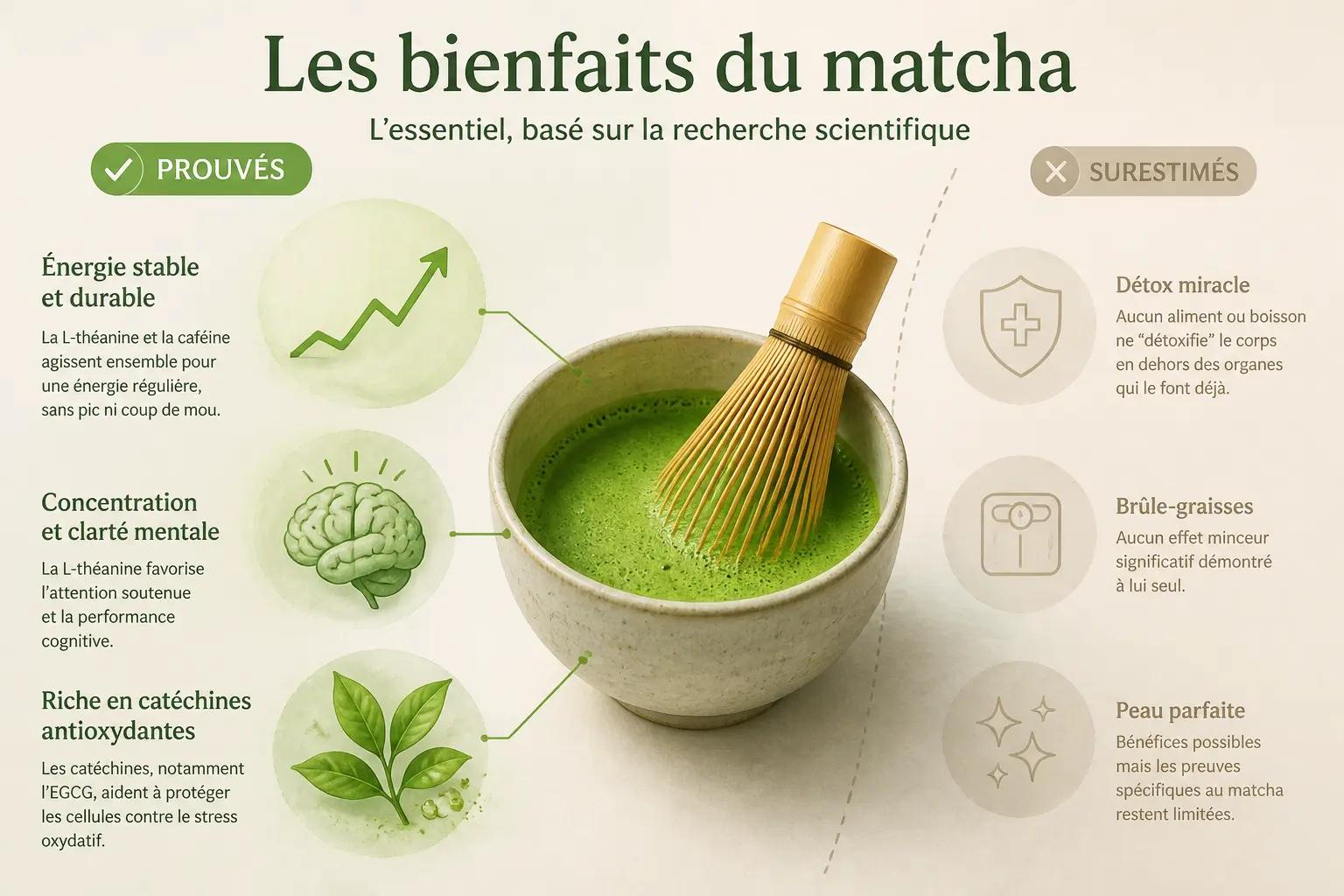 Bienfaits du matcha : réponse rapide, niveaux de preuve et repères utiles