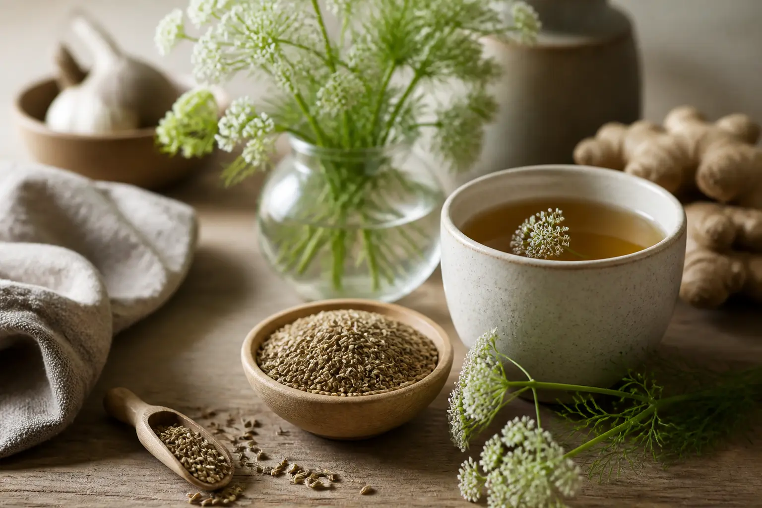 Anis vert, graines, plante fraîche et tasse de tisane sur table rustique, ambiance bien-être naturelle et chaleureuse