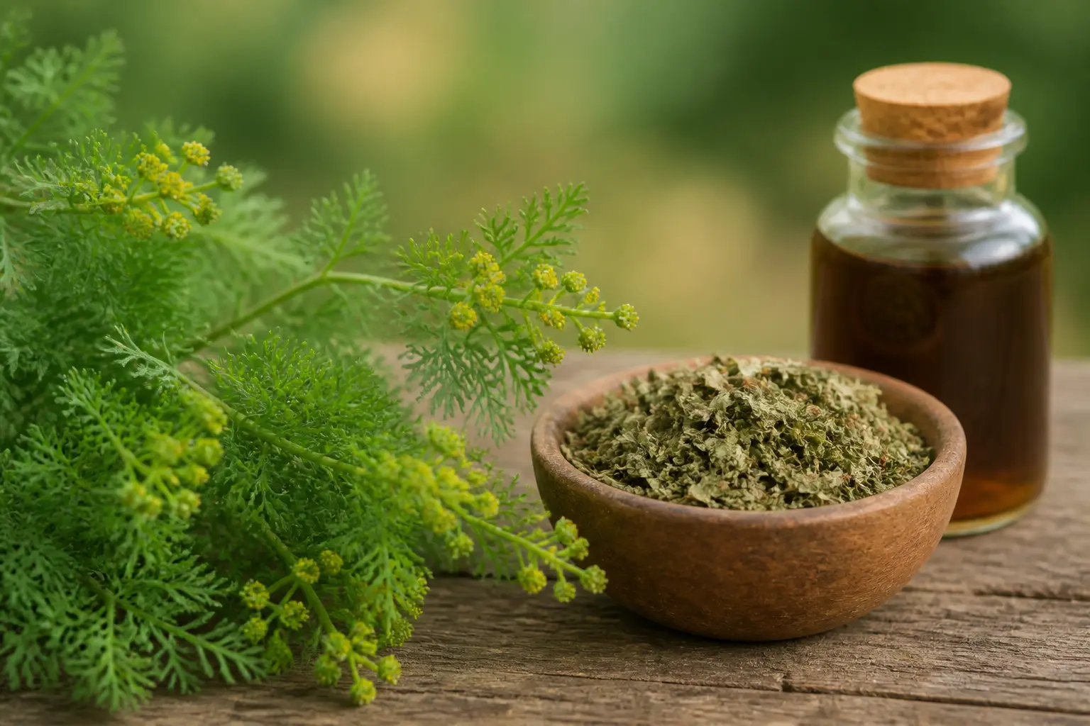 Artemisia annua en gros plan, feuilles fraîches, fleurs jaunes, feuilles sèches et extrait en pot, style éditorial naturel