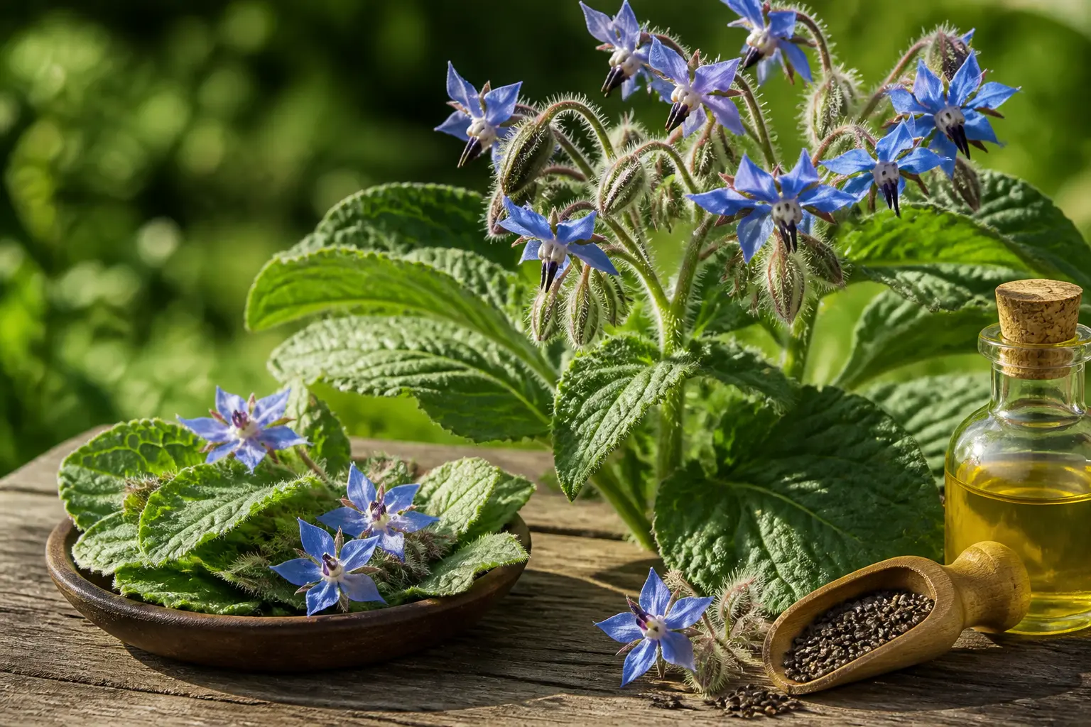 Bourrache en fleurs bleues dans un jardin naturel, avec feuilles et fleurs comestibles pour usage culinaire et biodiversité
