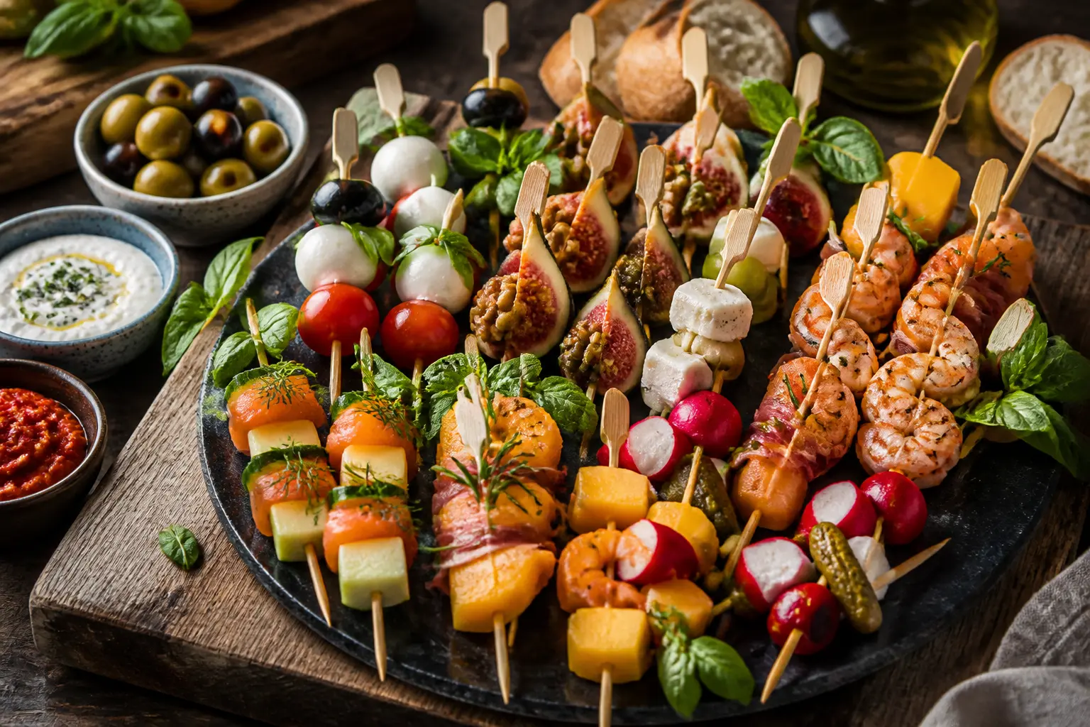 Brochettes apéritives variées sur plateau rustique, tomates, mozzarella, melon-jambon, saumon, crevettes, herbes fraîches