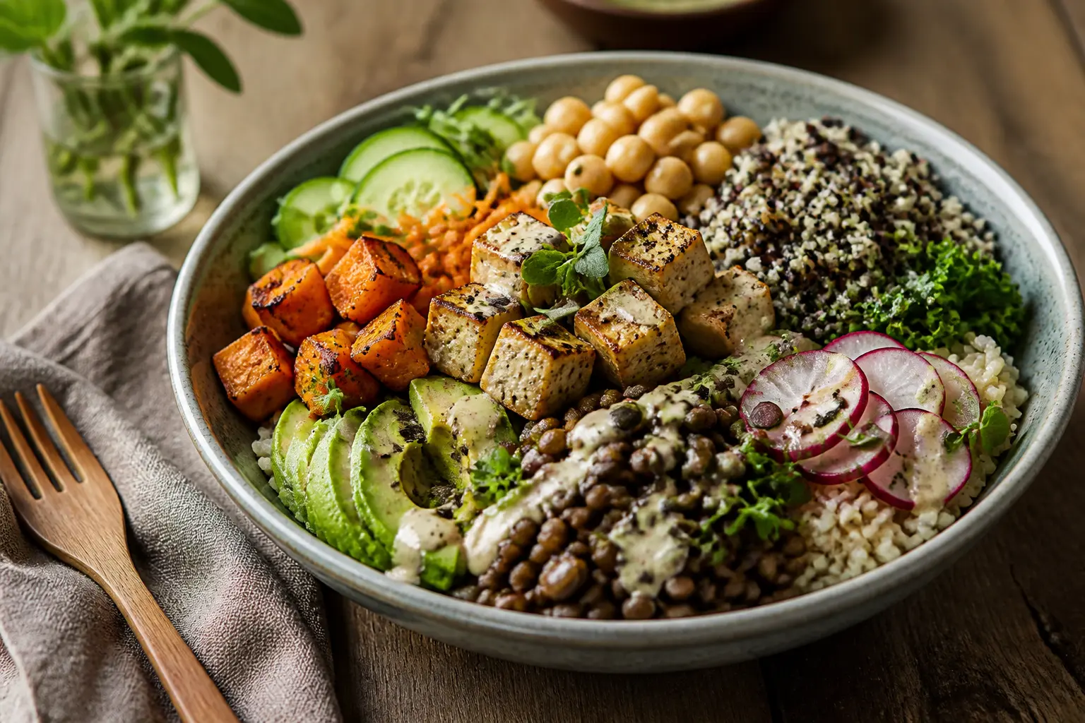Buddha bowl gourmand dans un bol en céramique, quinoa, légumes, tofu, avocat et sauce tahini sur table rustique