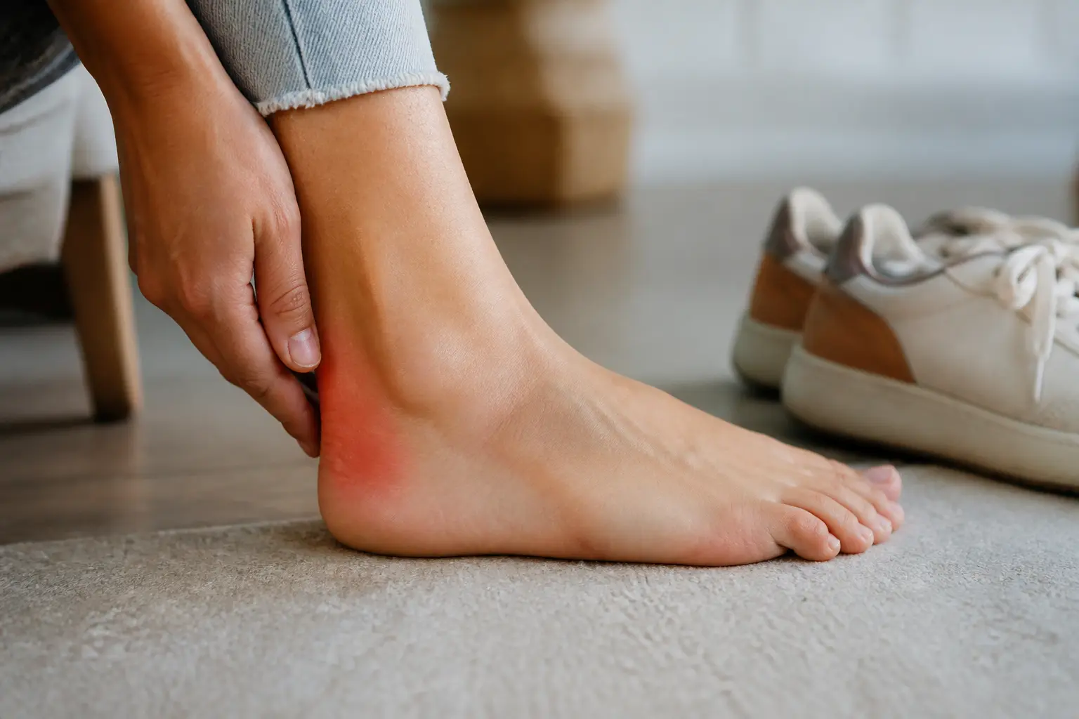Bursite pied : gros plan d’un pied et cheville douloureux près du talon, avec chaussures à côté, lumière naturelle.