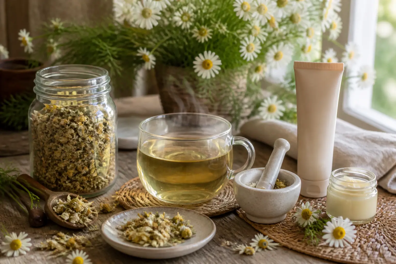 Camomille matricaire en tisane, fleurs séchées, mortier et table rustique dans une ambiance bien-être apaisante