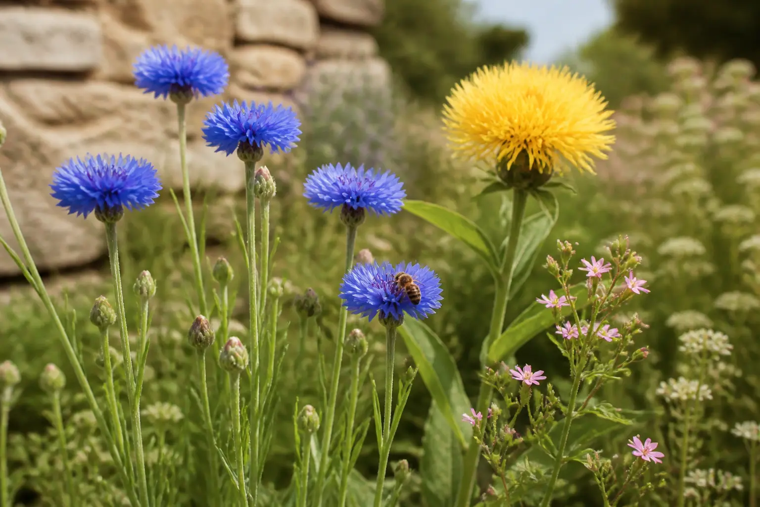 Centaurée en jardin français, fleurs bleues, jaune et petite plante médicinale dans une prairie ensoleillée.