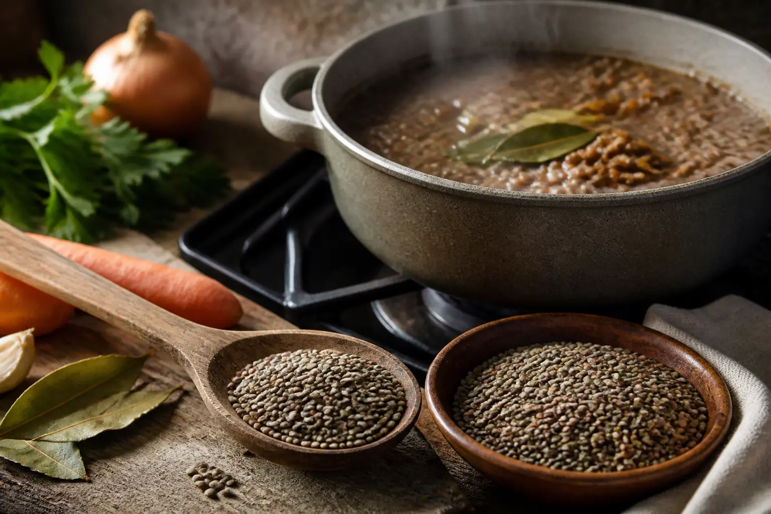 Cuisson des lentilles : lentilles sèches, casserole mijotante, aromates frais et ambiance cuisine rustique chaleureuse