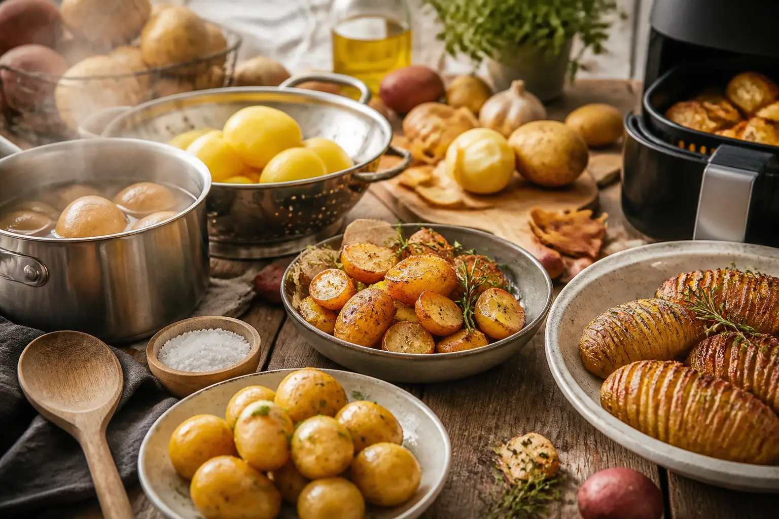 Cuisson pomme de terre : variétés, casserole, panier vapeur, four et herbes sur table rustique, style éditorial chaleureux