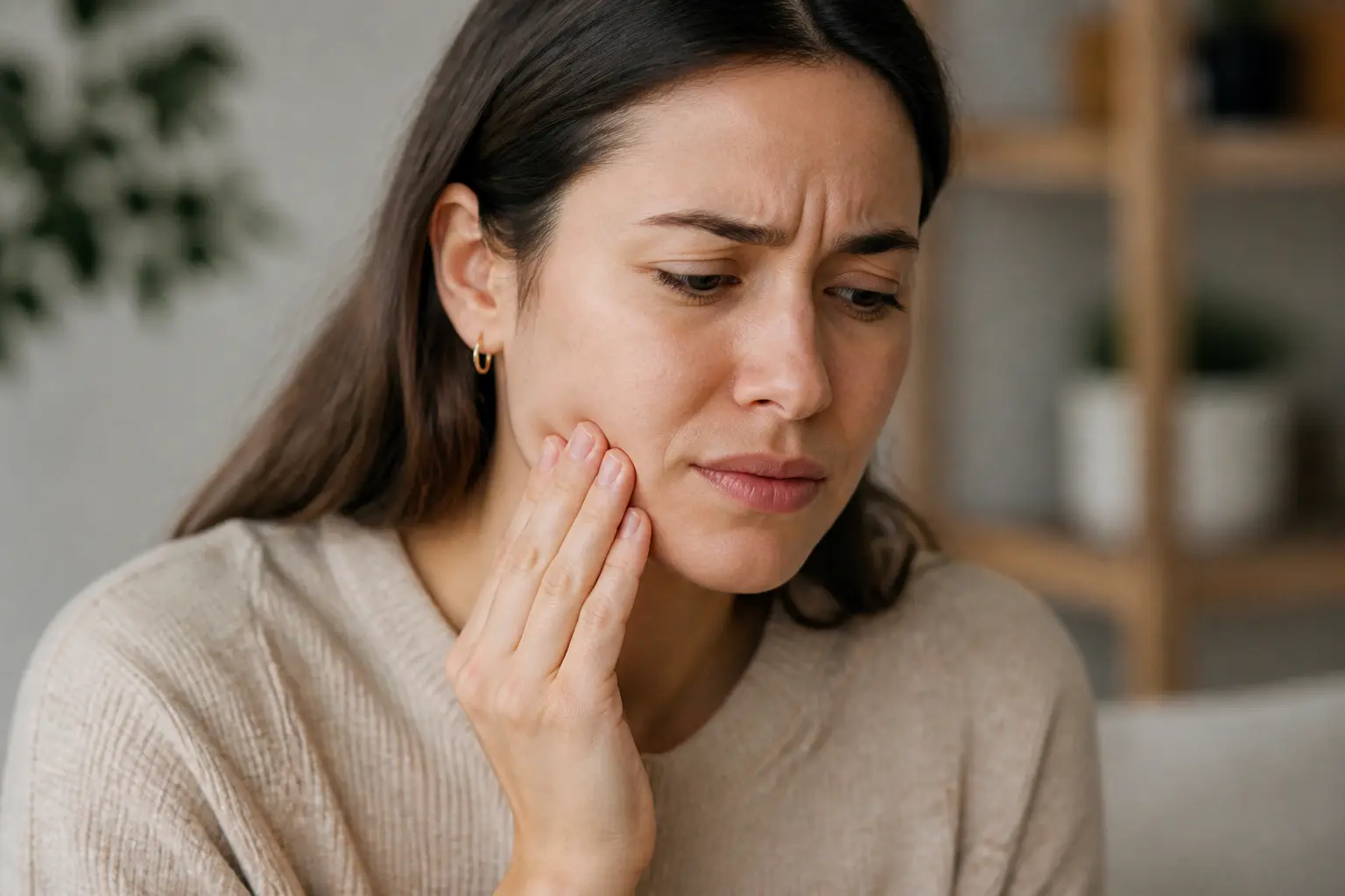 Personne touchant sa joue avec dent de sagesse douleur, expression de gêne, fond neutre, lumière naturelle