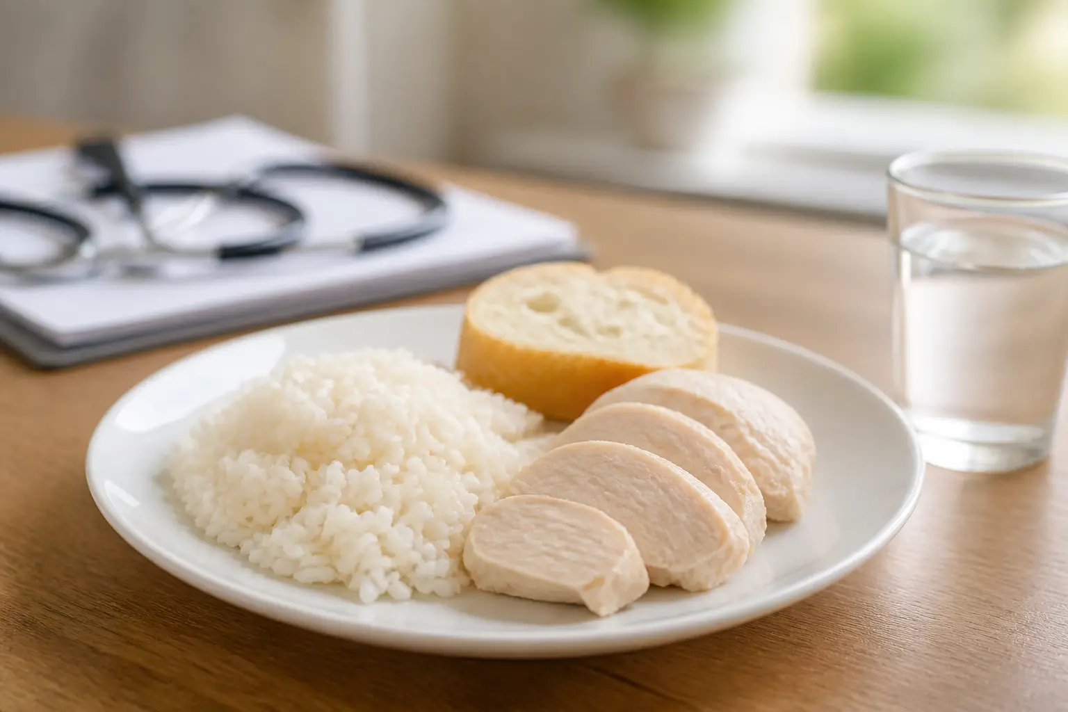 Diete sans residu : assiette de riz blanc, poulet bouilli, pain blanc et verre d’eau, ambiance médicale apaisante