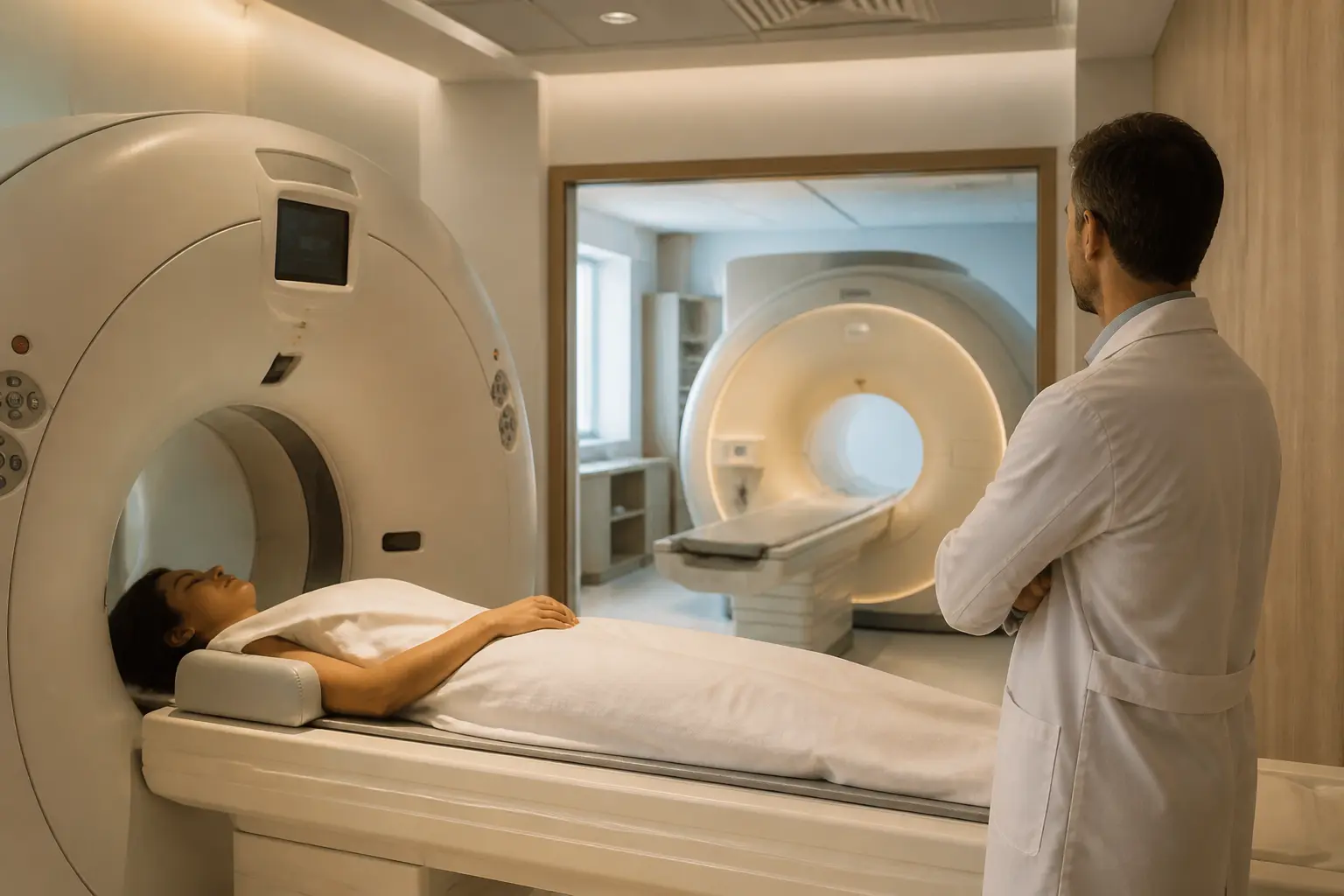 Différence entre scanner et irm dans une salle de radiologie moderne, patient sur table de scanner, IRM en arrière-plan, médecin observant.