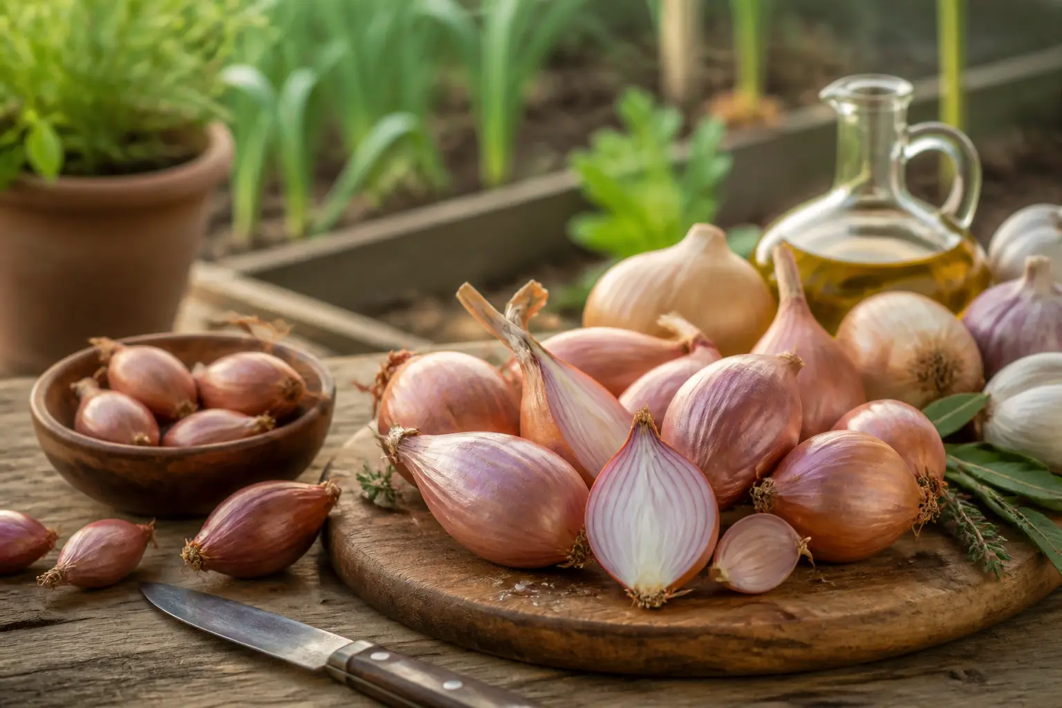 Échalote fraîche sur table rustique, coupée et entière, avec bol, couteau, herbes et jardin flou en fond
