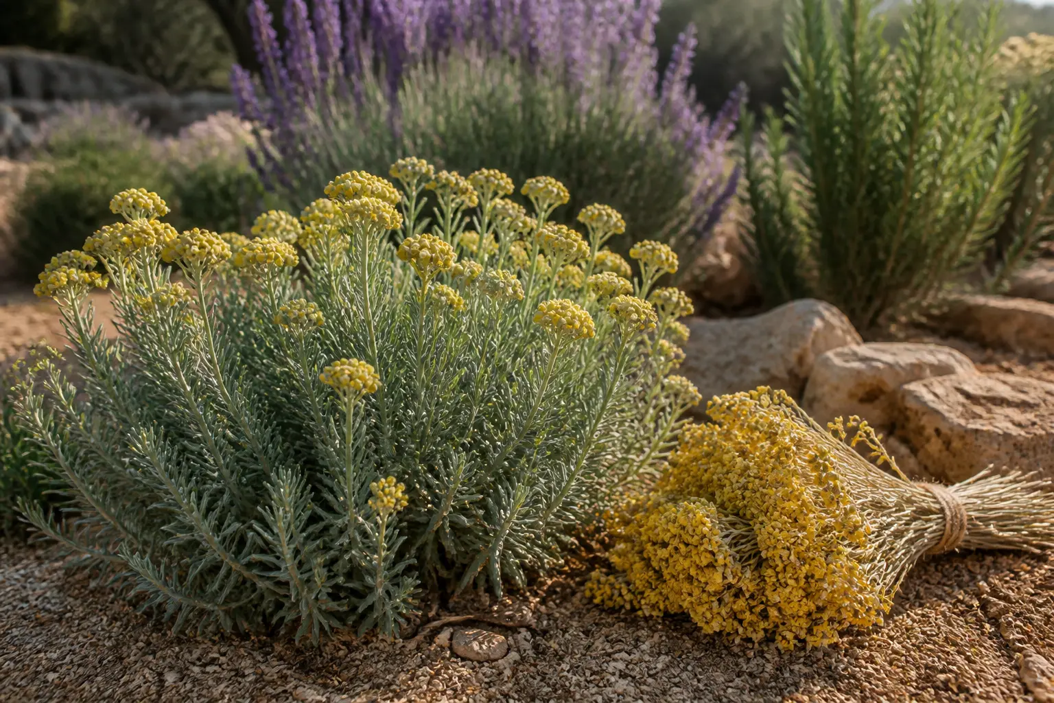 Fleur immortelle en jardin méditerranéen, Helichrysum italicum, fleurs jaunes, feuillage argenté et bouquet séché