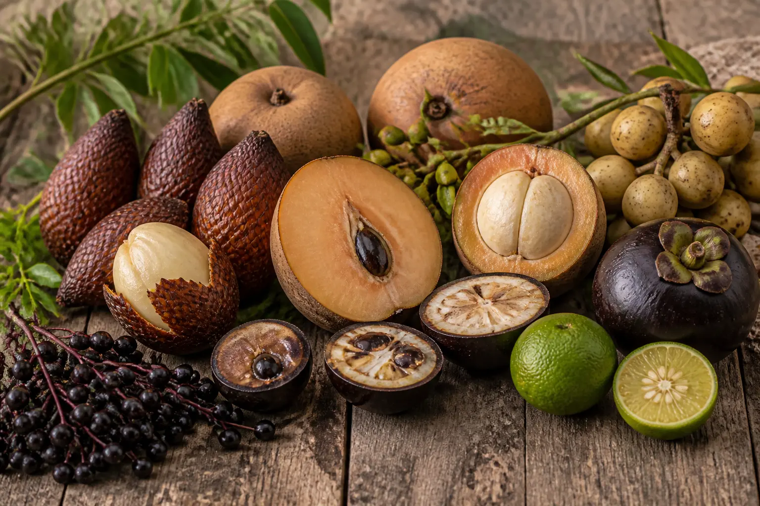 Assortiment de fruit en s exotiques sur table en bois, salak, sapotille, sudachi, sureau et sorbe, style éditorial naturel