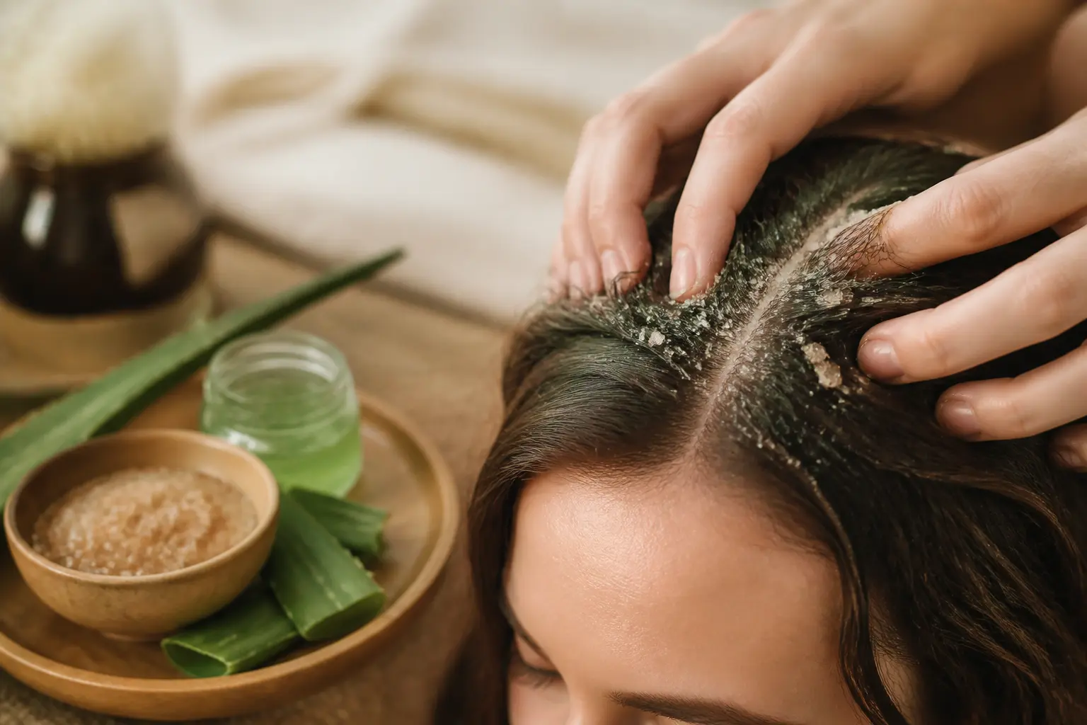 gommage cuir chevelu maison : cuir chevelu massé aux doigts, racines avec sucre fin et aloe vera, ambiance soin naturel