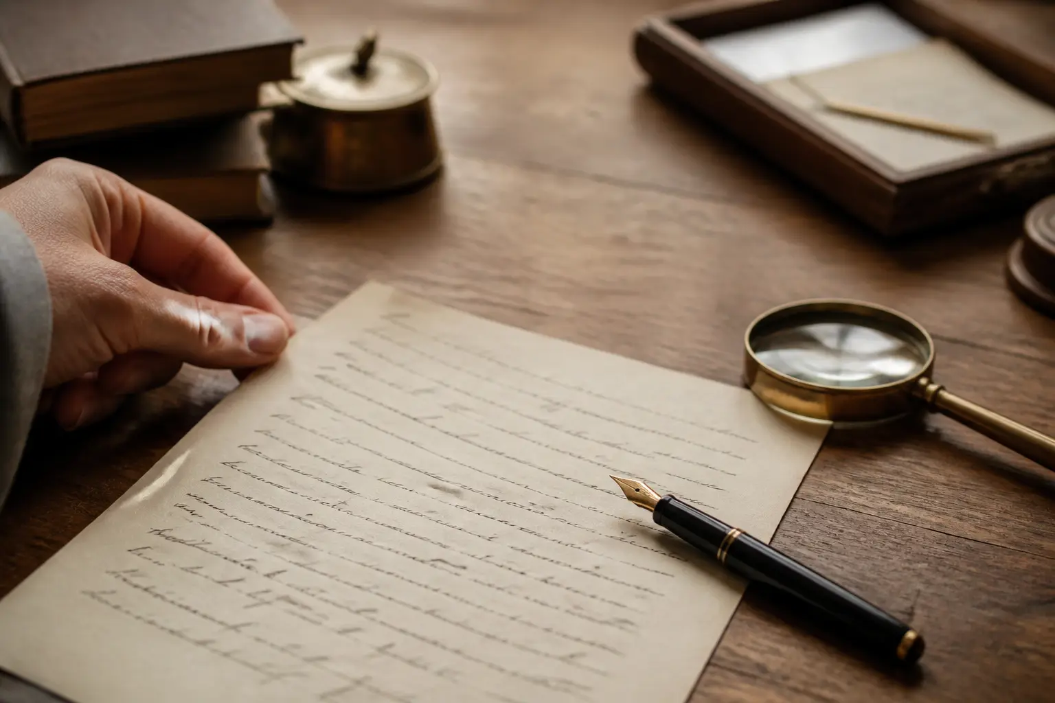 Graphologie : main examinant une page manuscrite avec stylo et loupe sur un bureau en bois chaleureux, style éditorial.