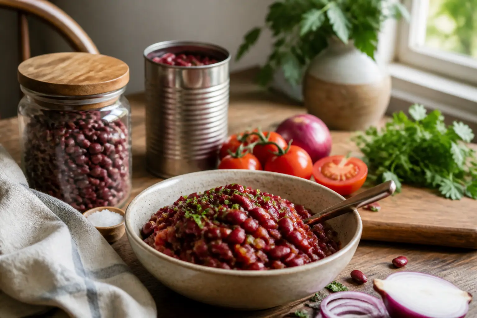 Haricot rouge en bol avec légumes frais, bocal et conserve, scène cuisine naturelle et saine, tons chauds