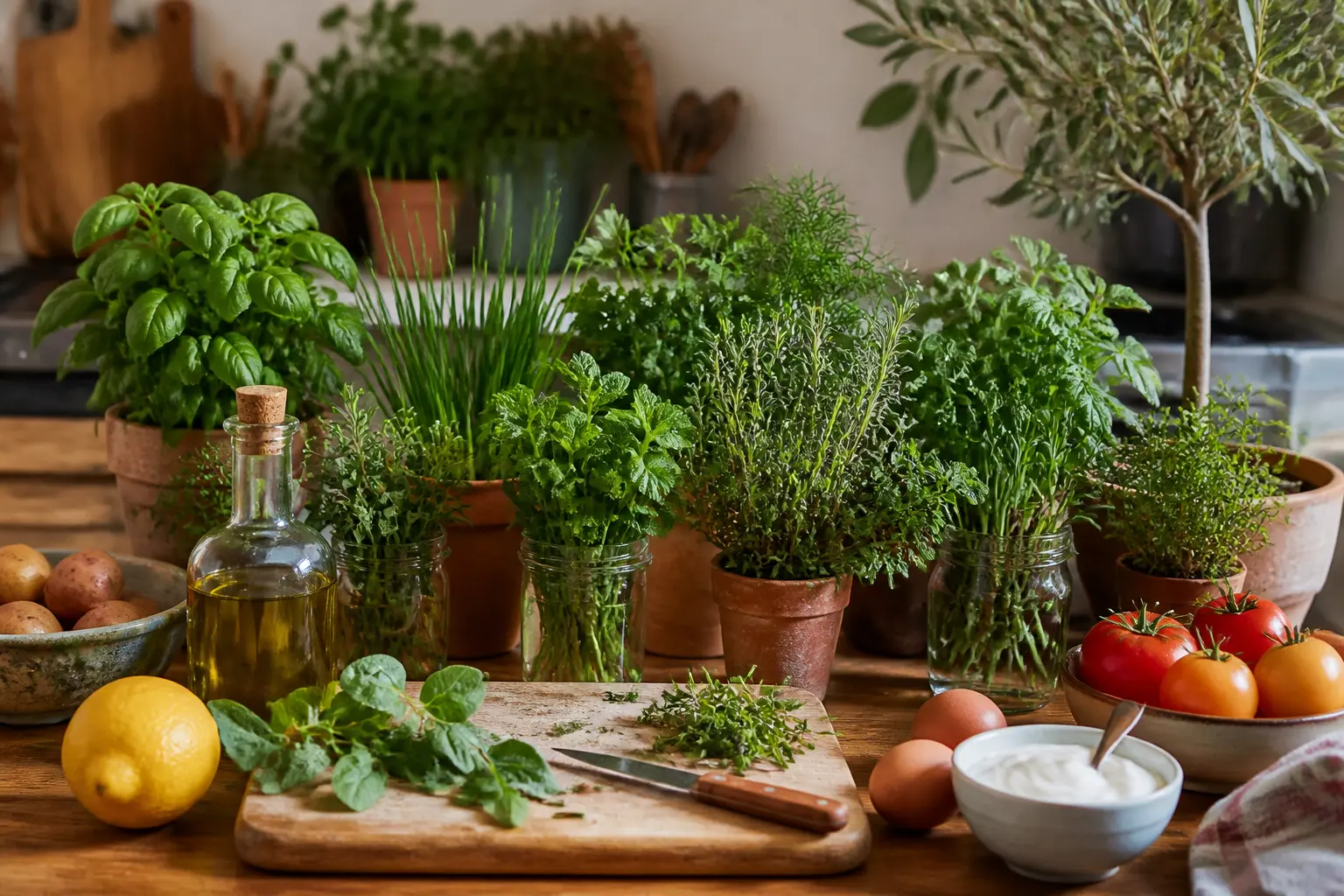Herbes aromatiques fraîches en pots et bocaux sur un plan de travail, avec ingrédients de cuisine, ambiance chaleureuse.