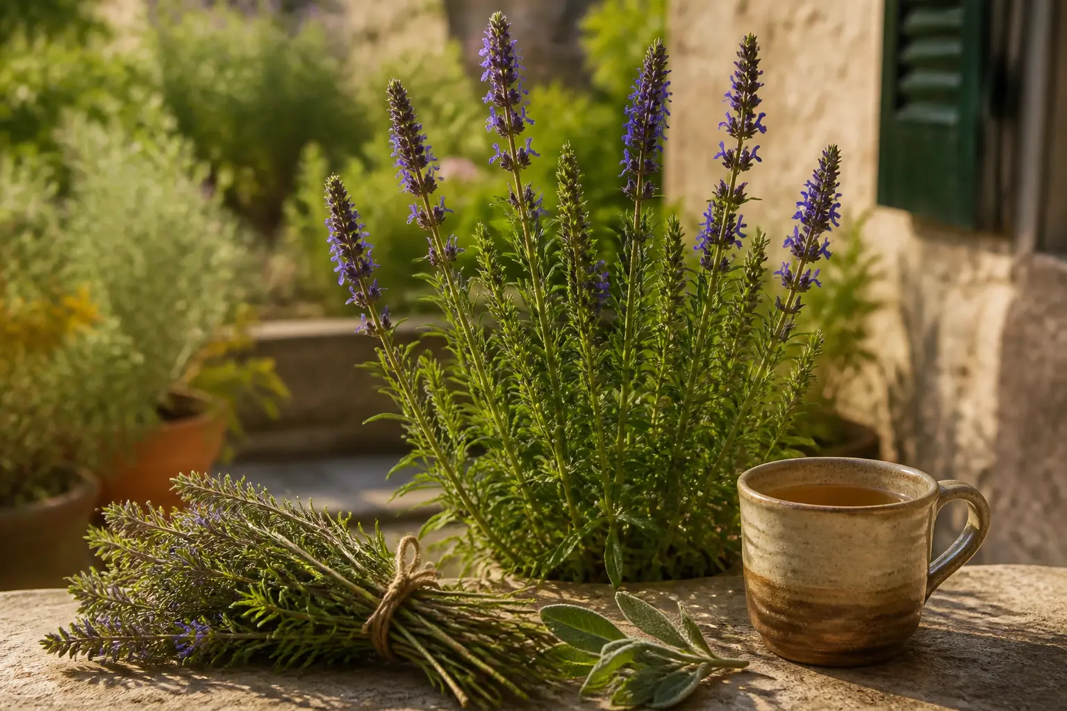 Hysope en fleurs dans un jardin méditerranéen, avec tisane et herbes sur pierre, lumière naturelle douce