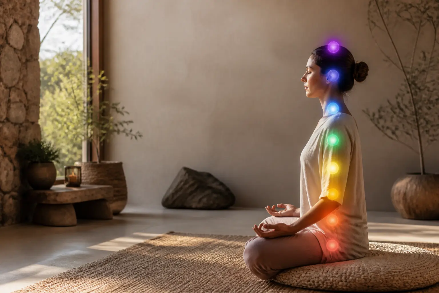 Les chakras et leurs rôles : adulte méditant, 7 points lumineux alignés, intérieur naturel apaisant, espace pour titre