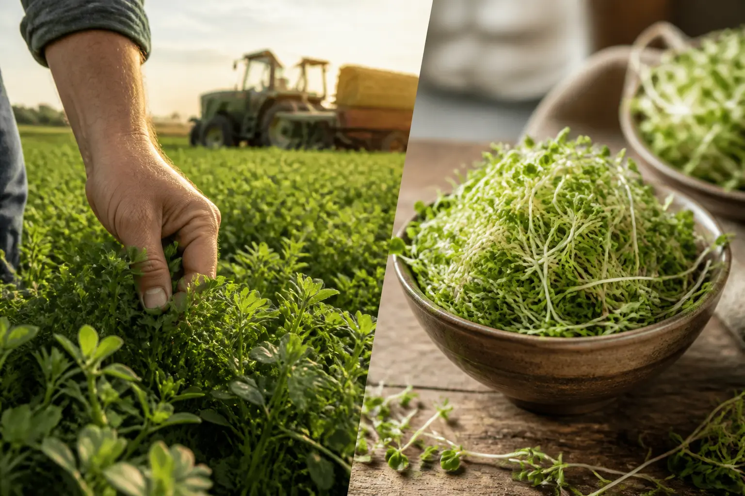 Luzerne en champ agricole et en pousses fraîches dans un bol, illustrant ses usages fourragers et alimentaires.