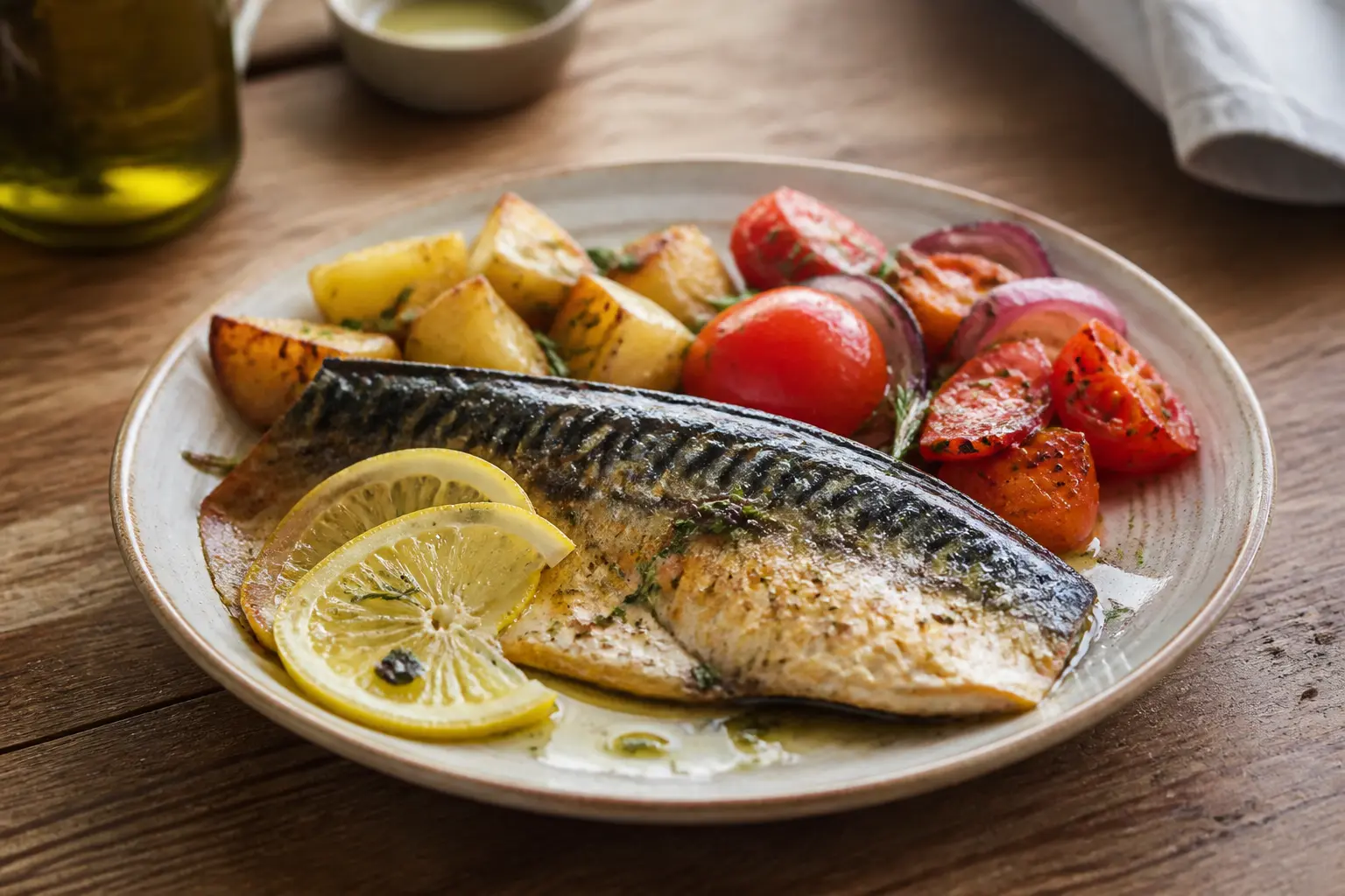 Maquereau recette facile : filet de maquereau grillé, citron, herbes, pommes de terre et légumes méditerranéens sur table rustique